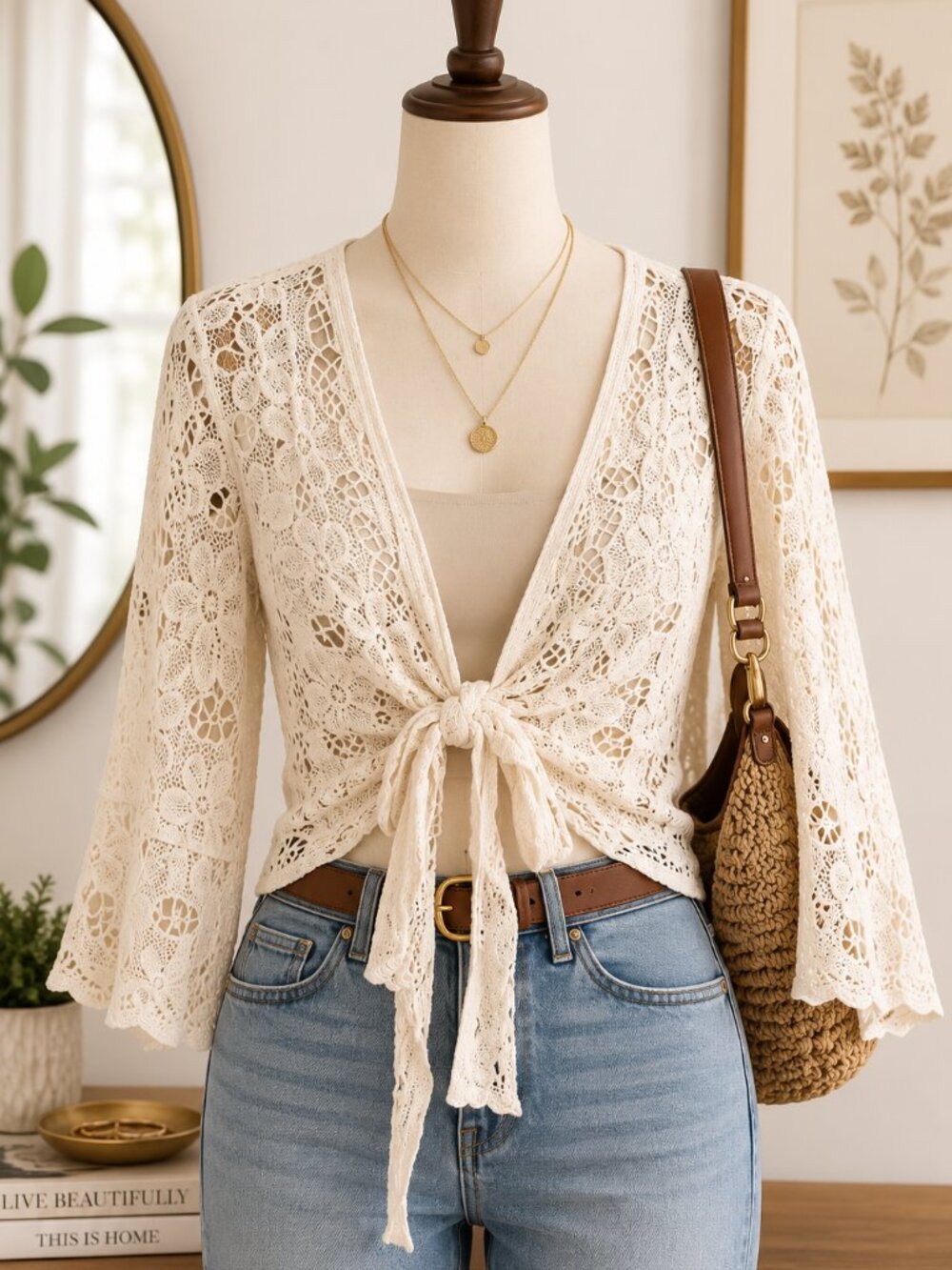 House of Harlow 1960 Cream Floral Crochet Lace Tie-Front Bell Sleeve Boho Top